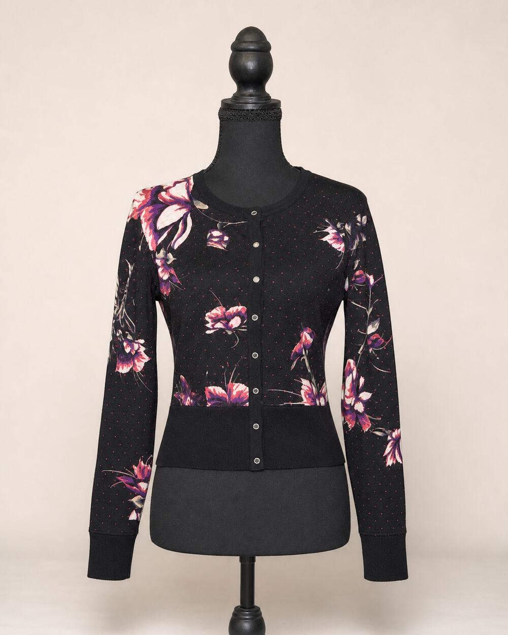 NWT WHBM Holiday Floral Black Snap Cardigan Size S Cotton Modal